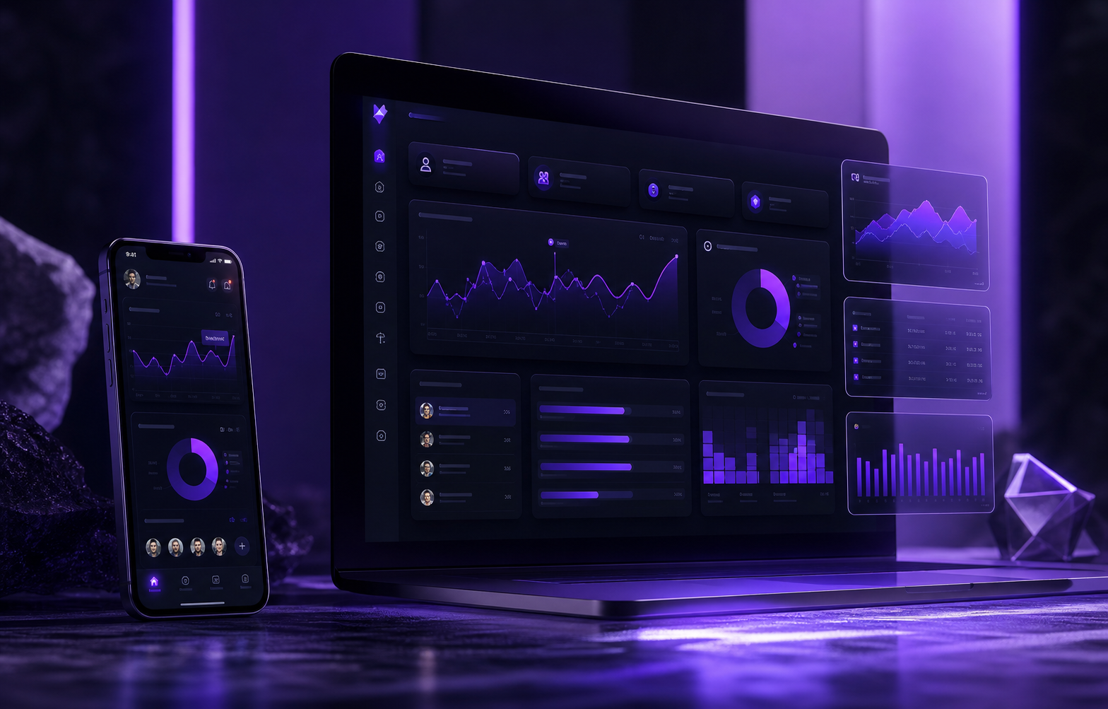 Dashboard de Lemi Creator Hub en laptop y app movil