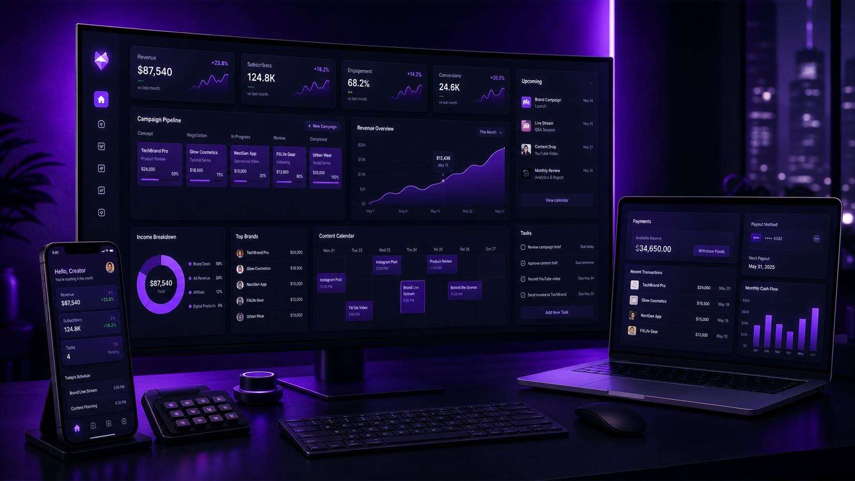Vista de escritorio con dashboard, campañas, calendario y cobros